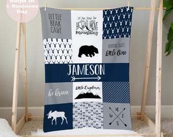 Blue Woodland Themed Blanket Customized with Name for Baby&#39;s and Toddlers, 30x40in Crib/Toddler