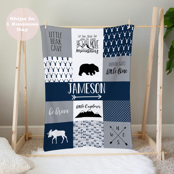 Blue Woodland Themed Blanket Customized with Name for Baby's and Toddlers, 30x40in Crib/Toddler