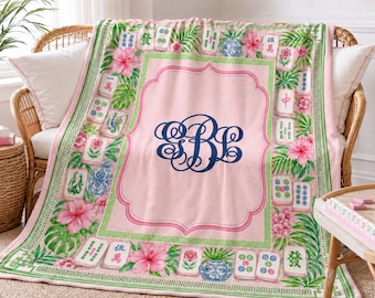 Personalized Mahjong Blanket – Pink Monogram Throw for Women