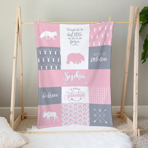 Pink Woodland Themed Blanket Customized with Name for Baby's and Toddlers, 30x40in Crib/Toddler