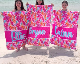 Personalized Preppy Coral Beach Towel