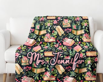 Preppy Watercolor Floral Book Personalized Soft Minky Fleece Throw Blanket