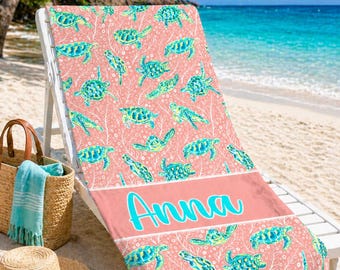 Personalized Coral Sea Turtle Beach Towel