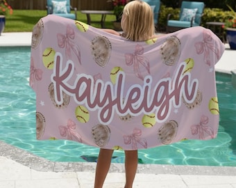Softball Beach Towel Personalized For Girls with Coquette Bows