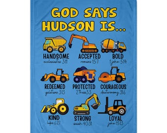 Personalized Minky Blanket: Construction Truck Design - God Says I Am