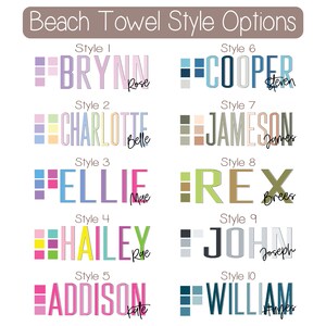 May include: Ten different beach towel designs with colorful stripes and names in a variety of fonts. The names include: Brynn, Charlotte, Ellie, Hailey, Addison, Cooper, Jameson, Rex, John, and William.