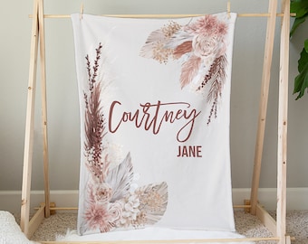 Boho Floral Baby Blanket with Baby&#39;s Name, 30x40 Crib