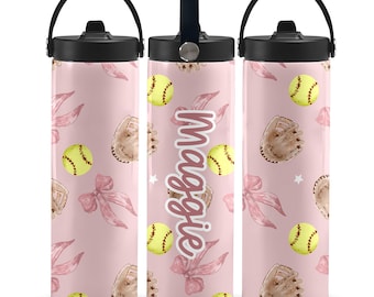 Coquette Softball Personalized 20oz Water Bottle Baseball Gift For Girls