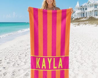 Personalized Neon Cabana Stripe Beach Towel, Custom Name Pool Towel, 6 Stripe Options
