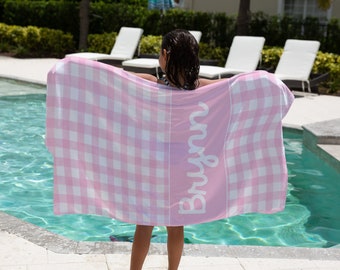 Gingham Beach Towel Personalized  For Kids, Custom Beach Towel, Name Bath Towel, Kids Birthday Gift,  Pool Towel, Preppy Beach Towel For Kid