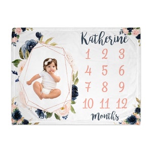 Personalized Milestone Floral Baby Blanket for Girls with Name | Custom Baby Blanket | Navy and Blush Pink | Baby Shower Gift | F1