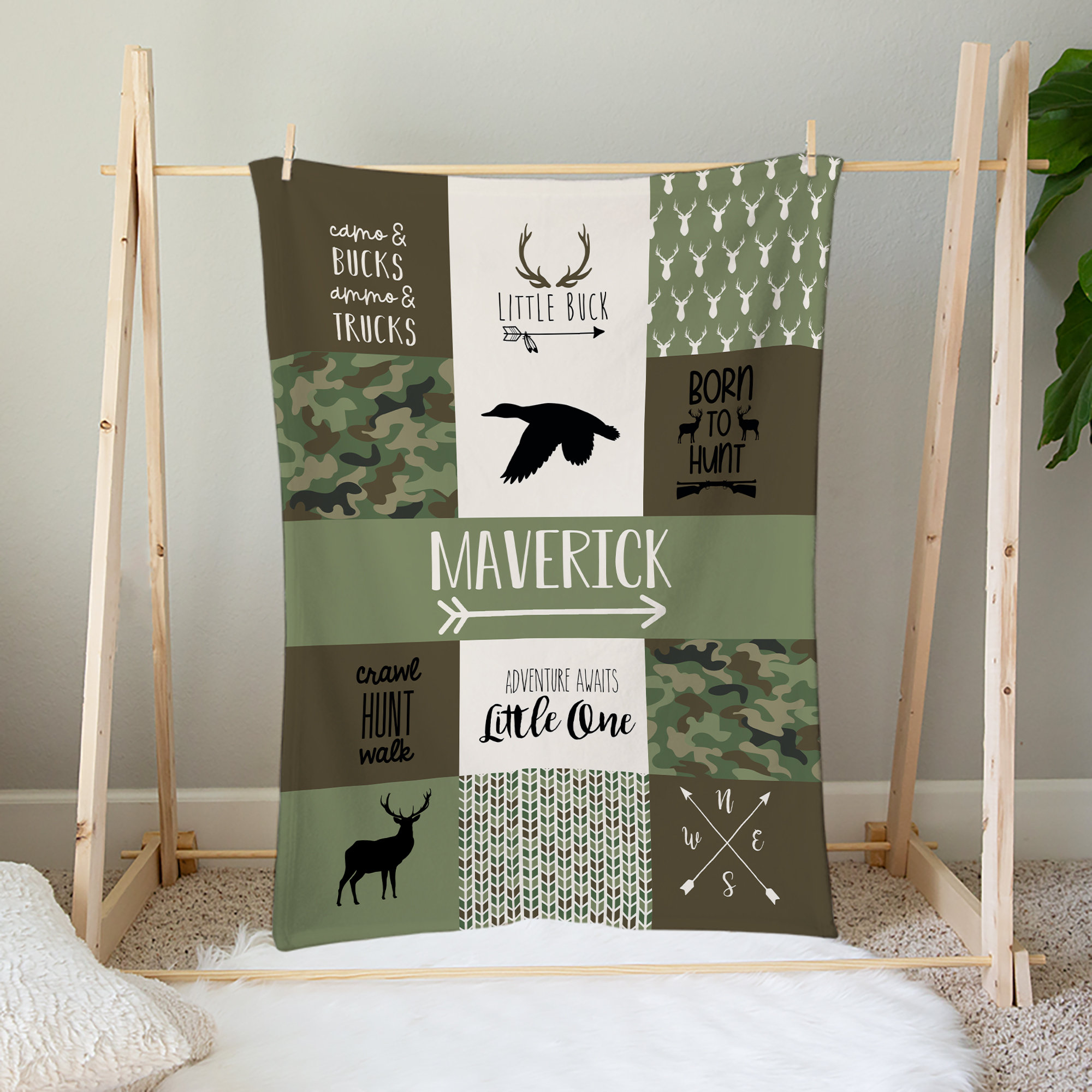 Green Camo Woodland Themed Blanket Customized with Name for Baby's and Toddlers, 30x40in Crib/Toddler
