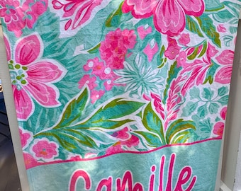 Personalized Floral Beach Towel, Custom Name Tropical Pool Towel, Pink Aqua Summer Towel Gift for Girls, Vacation Beach Towel