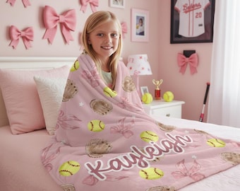 Softball Blanket Personalized For Girls with Coquette Bows