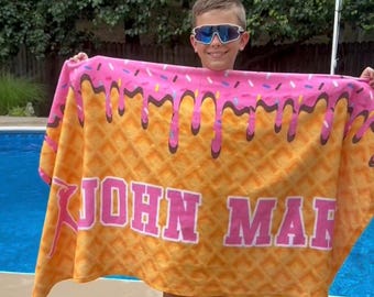 Personalized Baseball Beach Towel, Ice Cream Drip Design, Team Gift