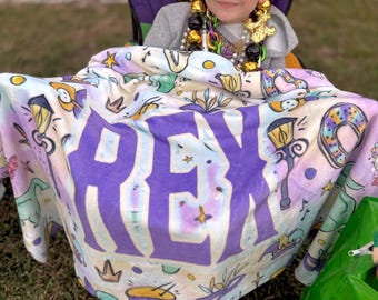 Mardi Gras Throw Blanket Personalized With Name, King Cake, Gator & Beads Print