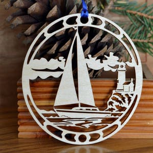 Sailboat ornament wooden desk window decoration woodcut Sailboat with lighthouse