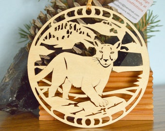 Critter Collection Cougar Puma Panther Catamount American Cat Black Cherry Wood Christmas Ornament Mountain Lion Sitting Ornament
