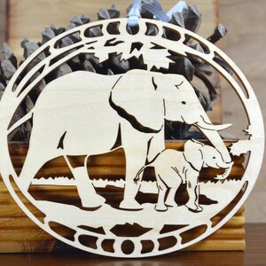 Wood Elephant and Calf ornament woodcut Elephant Calf