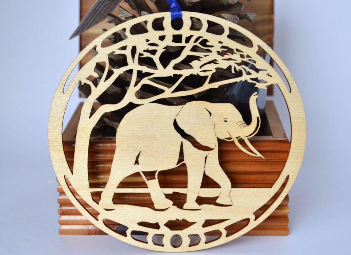 Wood Elephant Ornament Woodcut Elephant Etsy