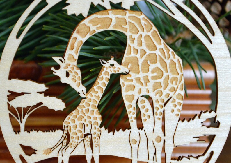 Wood Giraffe and giraffe calf ornament woodcut Giraffes decoration image 5