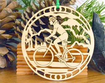 Wood cyclist ornament woodcut Woman Bicycle rider decoration wooden bike rider
