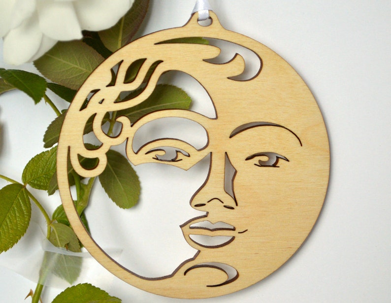 Moonface Ornament Wood Cut Decoration. Laser Cut Moon Face | Etsy