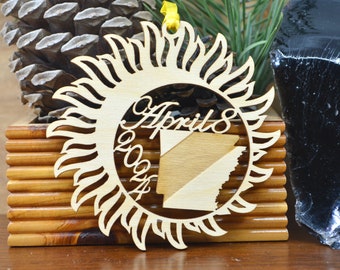 Arkansas Total Solar Eclipse 2024 ornament wood cut decoration. Laser cut Arkansas Solar Eclipse ornament Total Solar eclipse April 8, 2024