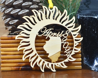 Illinois Total Solar Eclipse 2024 ornament wood cut decoration. Laser cut Illinois Solar Eclipse ornament Total Solar eclipse April 8, 2024