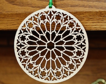 Woodcut ornament stylized Rose Window ornament Laser cut geometric ornament