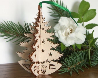3D Christmas tree ornament for hanging on tree or self-standing Wood Christmas tree