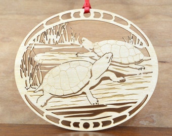 Wood Pond Turtle ornament woodcut Terrapins decoration wooden Freshwater Turtle