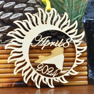 New York Total Solar Eclipse 2024 ornament wood cut decoration. Laser cut New York Solar Eclipse ornament Total Solar eclipse April 8, 2024