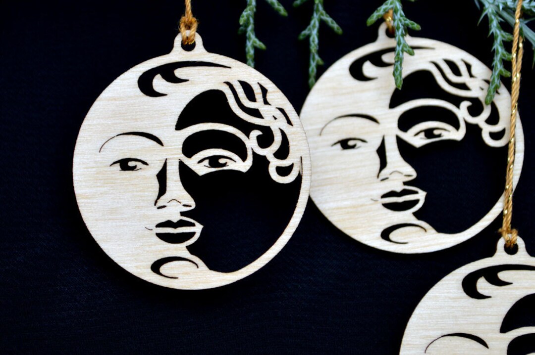 Set of 3 Moon Face Pendant Ornaments Wood Cut Decoration. - Etsy