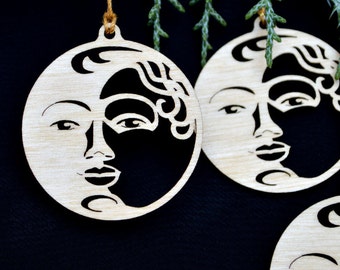 Set of 3 Moon face pendant ornaments wood cut decoration. Laser cut mini Moon face ornaments