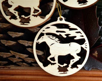 3 miniature Horse ornaments wood cut decoration. Set of three Galloping Horse medallions for decorating, jewelry making, crafting