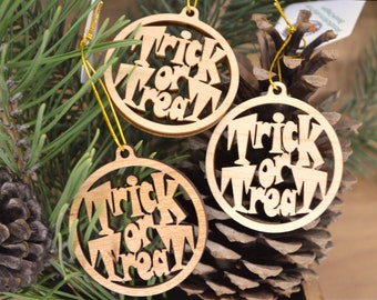 Wood Halloween ornaments. Set of three mini ornaments for jewelry making, crafting, decorating Trick or Treat ornaments