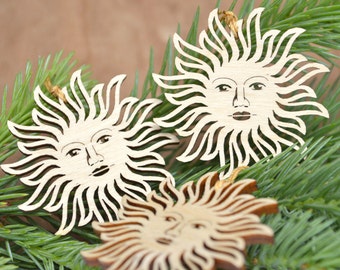 3 Sunface mini ornaments wood cut decoration. Set of three for decorating, jewelry making, crafting