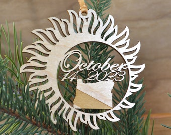 Oregon Solar Eclipse  ornament wood cut decoration. Laser cut Oregon Solar Eclipse ornament Annular Solar eclipse October 14, 2023