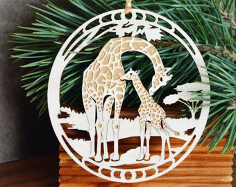 Wood Giraffe and giraffe calf ornament woodcut Giraffes decoration