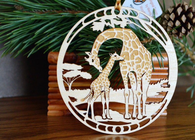 Wood Giraffe and giraffe calf ornament woodcut Giraffes decoration image 4