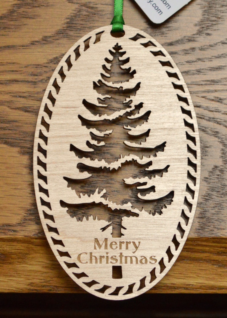 Woodcut Christmas ornament DouglasFir tree silhouette Merry Etsy