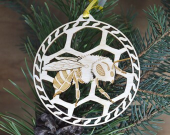 Honey Bee Ornament Intricately cut and engraved wooden honeybee ornament