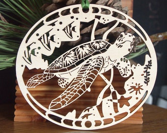 Wood Sea Turtle ornament woodcut turtle decoration wooden sea turtle