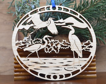 Wooden Egrets ornament wood-cut Egret decoration Laser cut Great Egret ornament