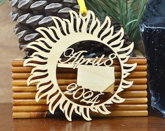 Oklahoma Total Solar Eclipse 2024 ornament wood cut decoration. Laser cut Oklahoma Solar Eclipse ornament Total Solar eclipse April 8, 2024