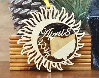 Ohio Total Solar Eclipse 2024 ornament wood cut decoration. Laser cut Ohio Solar Eclipse ornament Total Solar eclipse April 8, 2024