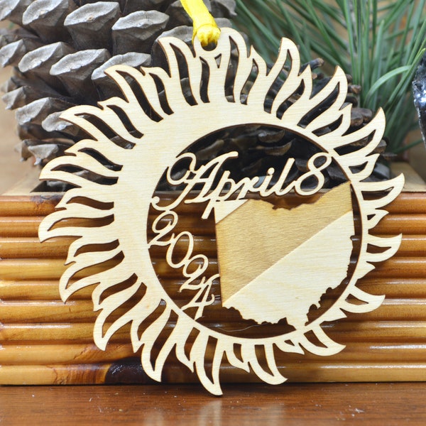 Ohio Total Solar Eclipse 2024 ornament wood cut decoration. Laser cut Ohio Solar Eclipse ornament Total Solar eclipse April 8, 2024