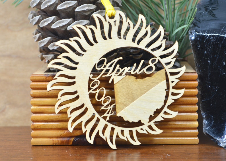 Ohio Total Solar Eclipse 2024 ornament wood cut decoration. Laser cut Ohio Solar Eclipse ornament Total Solar eclipse April 8, 2024 image 1