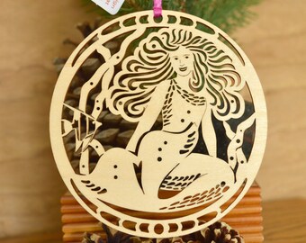 Wood Mermaid Ornament, Laser Cut wood Decoration